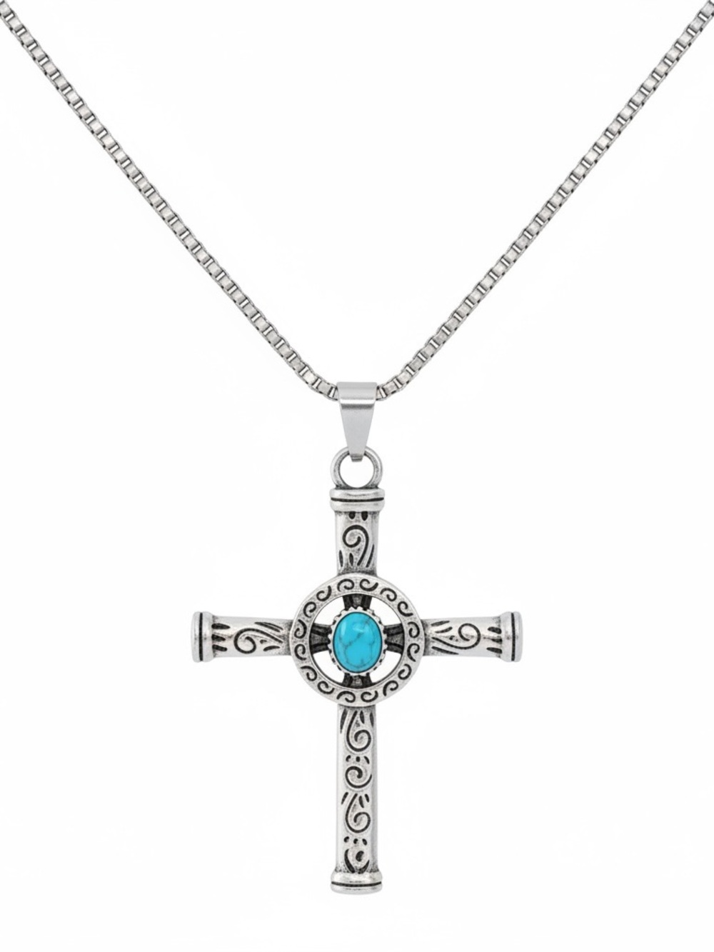 #357–❤️$5/$25❤️Silver Cross Pendant Necklace with Turquoise Stone